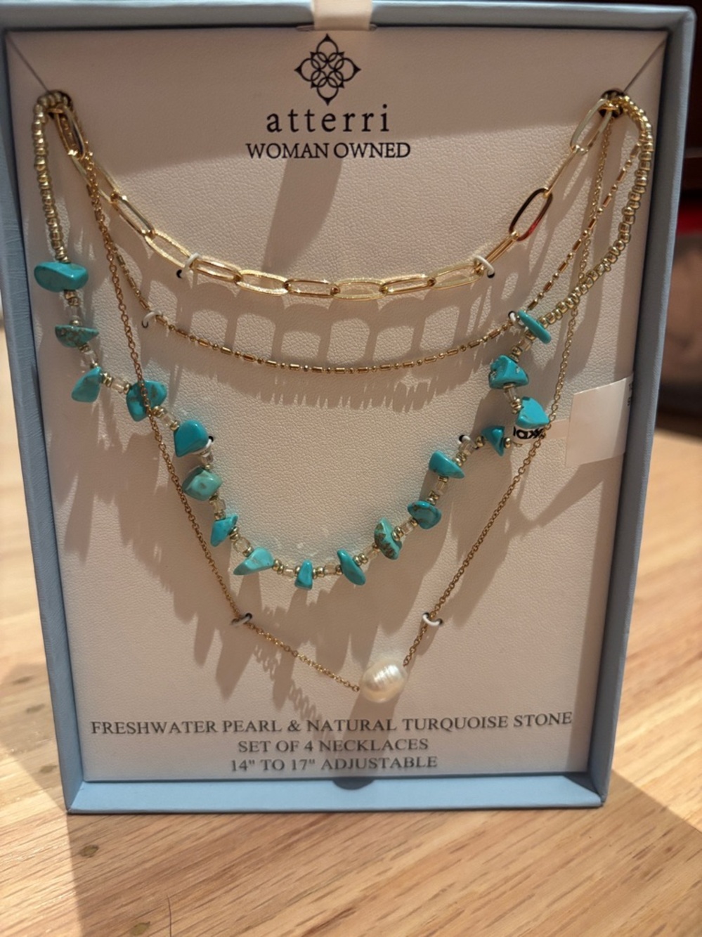 NIB Atterri gold, Turquoise & Freshwater Pearl Layered Necklace Set - Picture 1 of 8